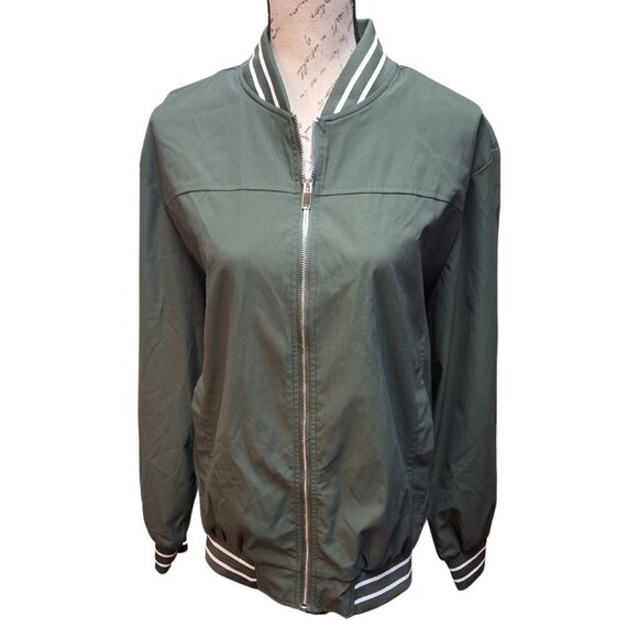 Unisex Olive Green Varsity Jacket Striped trim Full Zip Medium - Preppy Fall - Picture 1 of 5